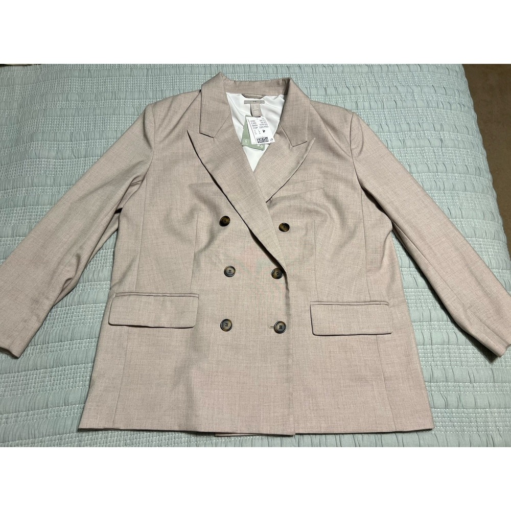 New H&M Beige Sport Coat Blazer Double Breasted Size L Recycled